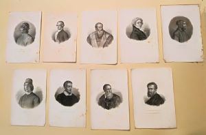 serie di 9 stampe raffiguranti personaggi famosi ogni un cm.18x27